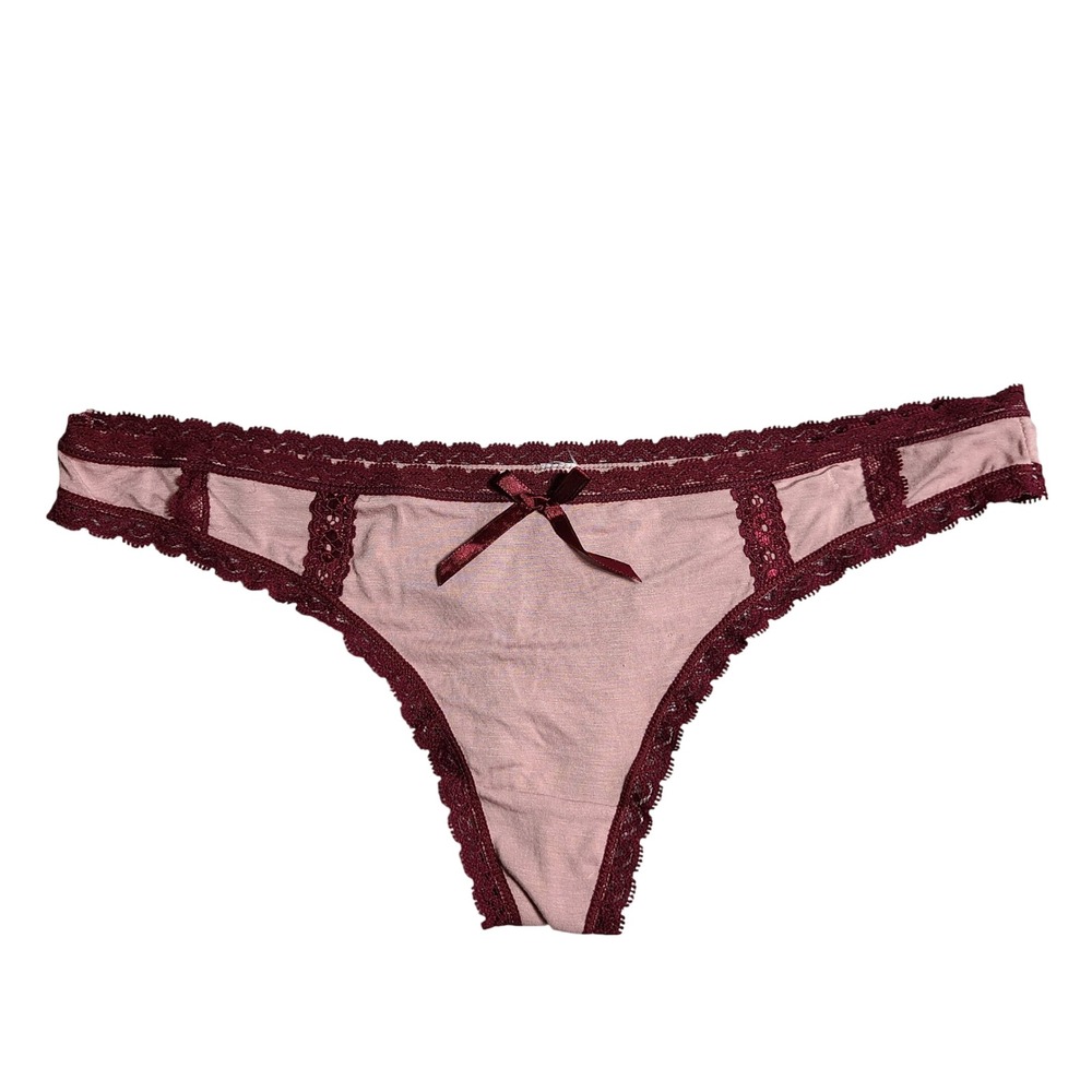 Pink Burgundy Lace Trim Thong L/7 Womens‎ Panties